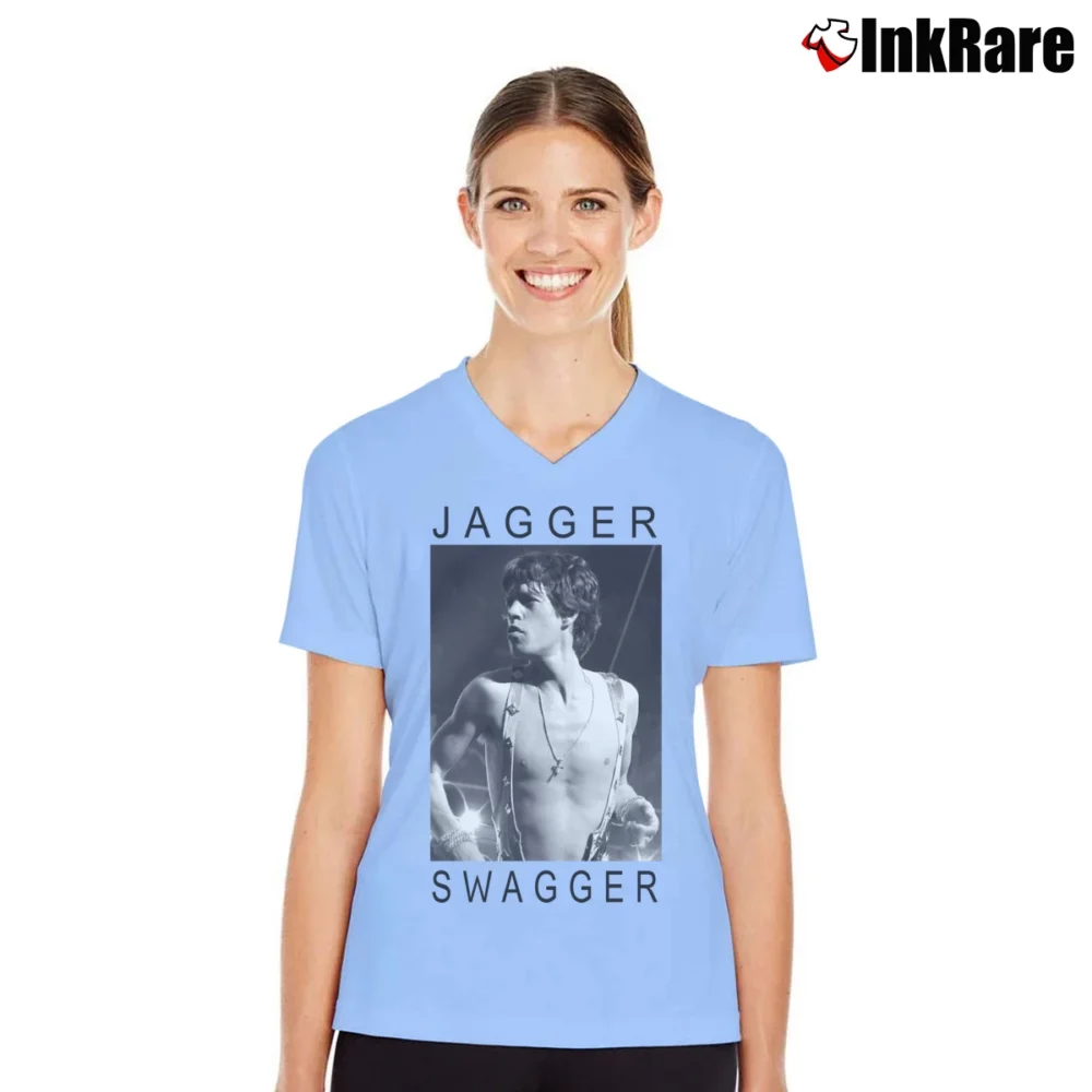 Women’s Rolling Stones Mick Jagger Swagger Classic Rock Band V-Neck Tee in light blue | Chic Neckline, Soft Texture