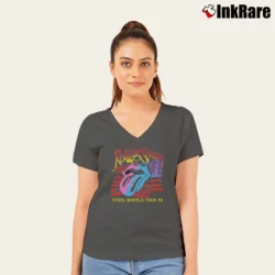 Women’s Rolling Stones Steel Wheels Tour 89 V-Neck Tee in charcoal | Chic Neckline, Soft Texture