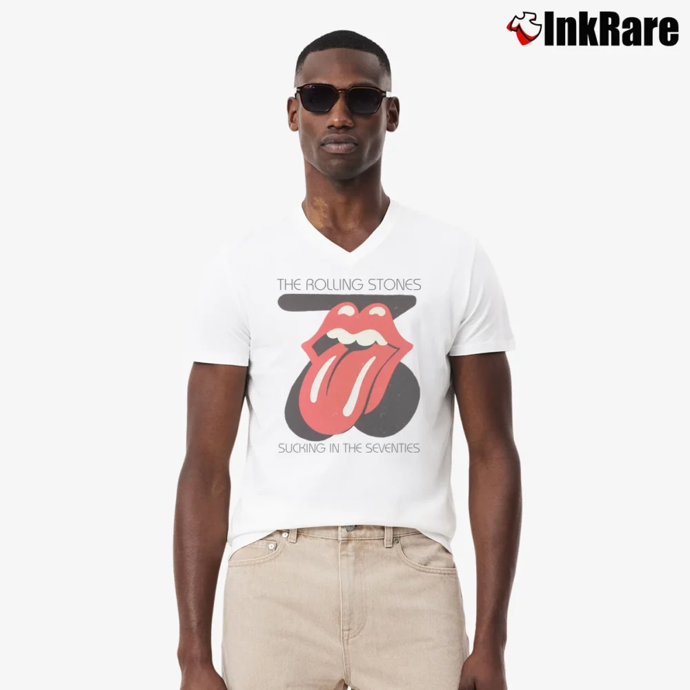 Men’s Rolling Stones Sucking In The Seventies for Classic Rock Fans V-Neck Tee in white | Sharp, Breathable, Everyday Staple