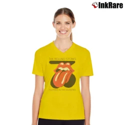 Women’s Rolling Stones Sucking In The Seventies for Classic Rock Fans V-Neck Tee in yellow | Chic Neckline, Soft Texture