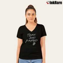 Women’s Rolling Stones Torn And Frayed for Classic Rock Fans V-Neck Tee in black | Chic Neckline, Soft Texture