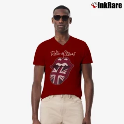 Men’s Rolling Stones Union Jack Tongue Logo V-Neck Tee in maroon | Sharp, Breathable, Everyday Staple