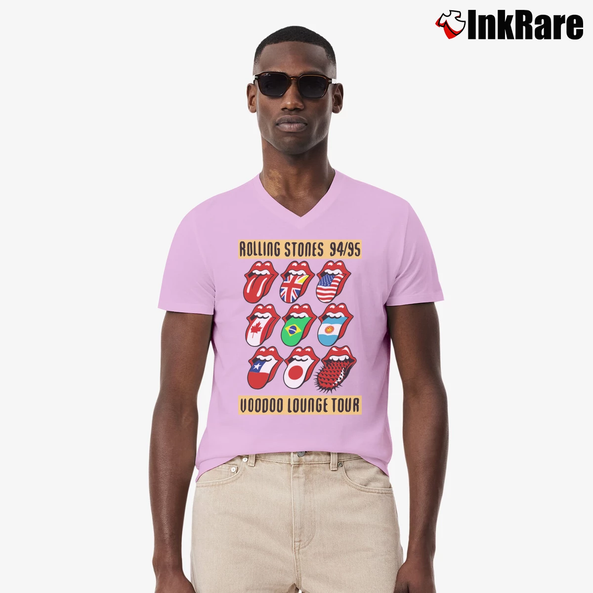 Men’s Rolling Stones Voodoo Lounge Tour 94 95 V-Neck Tee in light pink | Sharp, Breathable, Everyday Staple