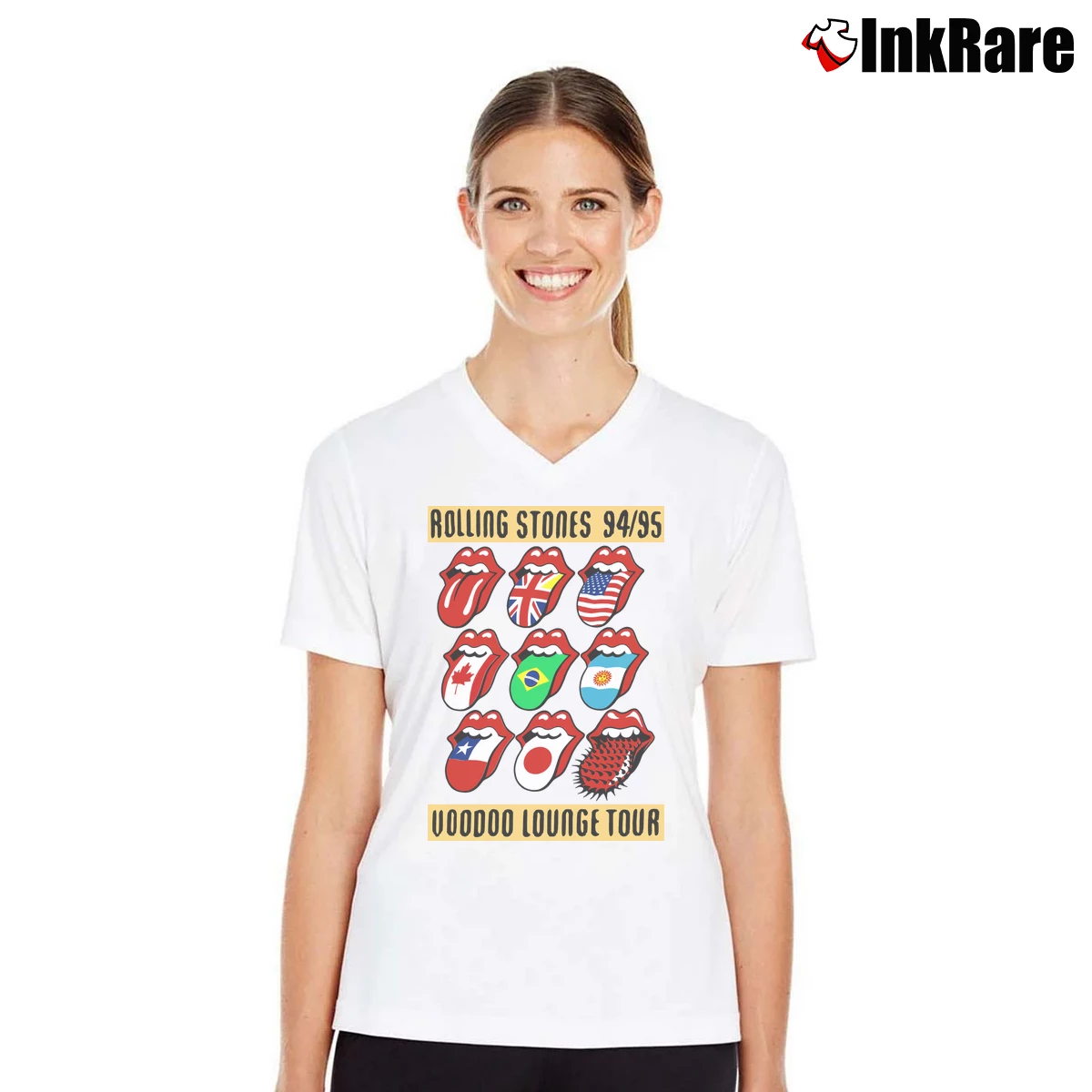 Women’s Rolling Stones Voodoo Lounge Tour 94 95 V-Neck Tee in white | Chic Neckline, Soft Texture