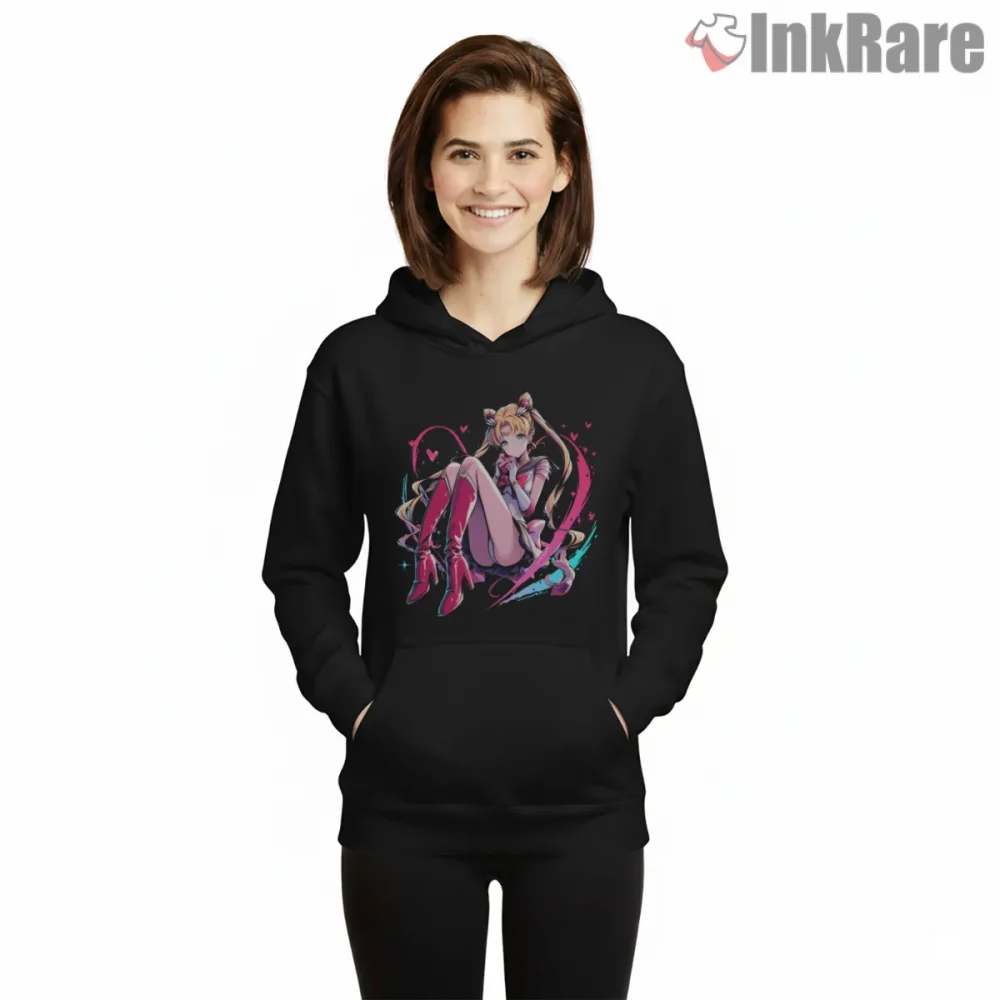 Romantic Sailor Moon Valentine Outfit Shirt on black hoodie for women graphic tee