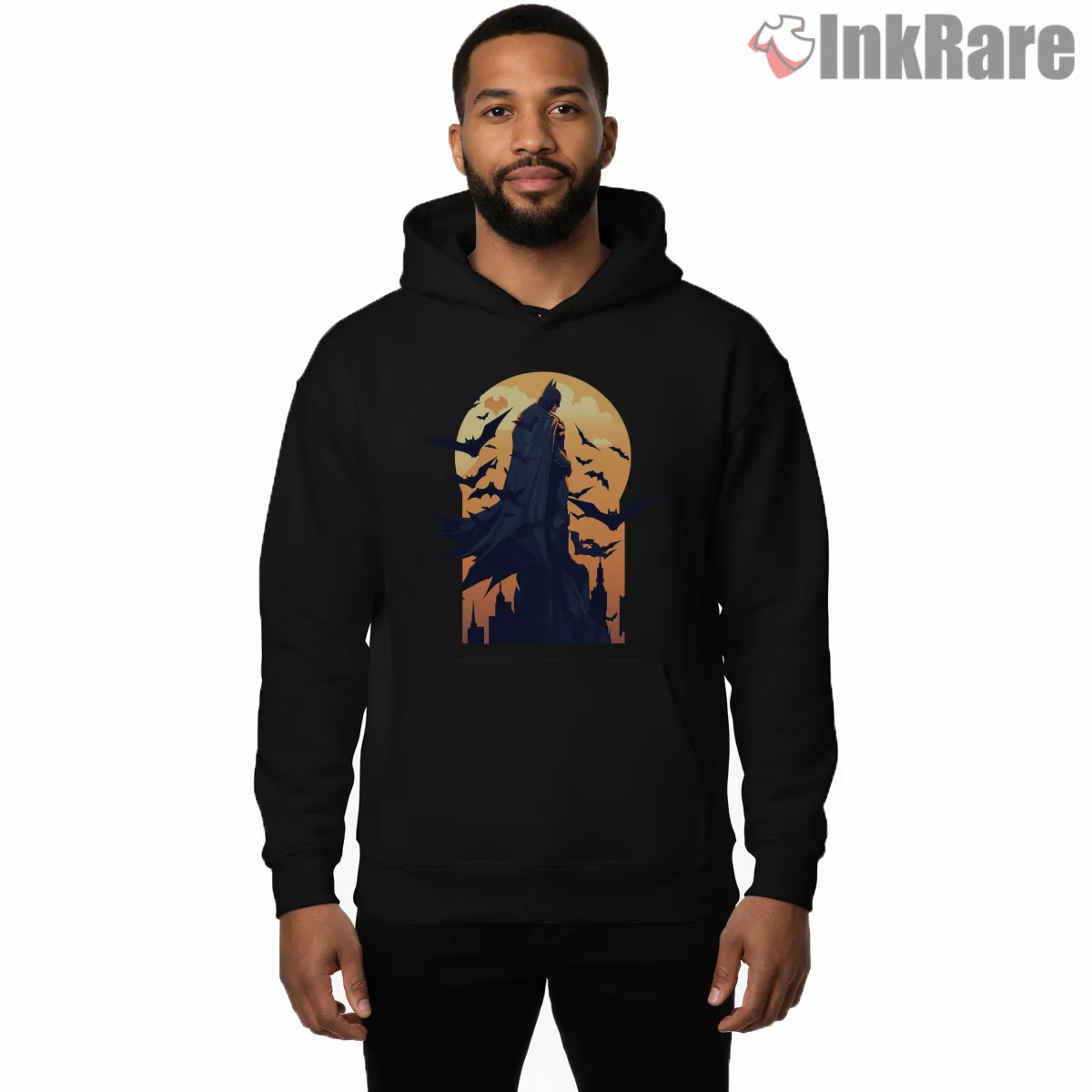 Rooftop Sentinel Orange Moon Batman Shirt on black hoodie for men graphic tee