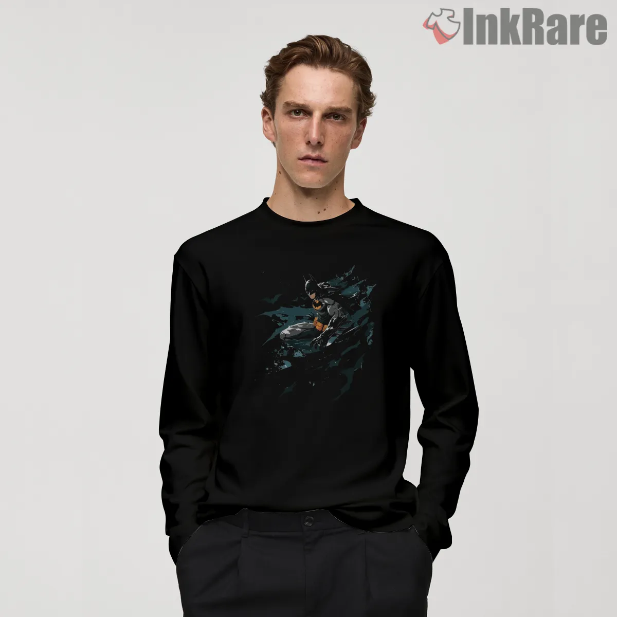 Rooftop Slide Midnight Strike Batman Long Sleeve Black Rooftop Slide Midnight Strike Batman Shirt on black long sleeve shirt for men graphic tee