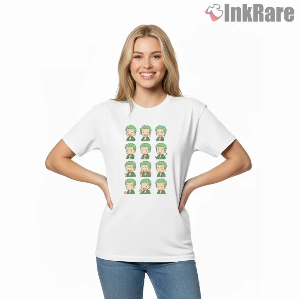 Roronoa Zoro Chibi Expression Grid Anime Shirt on white short sleeve shirt for women graphic tee