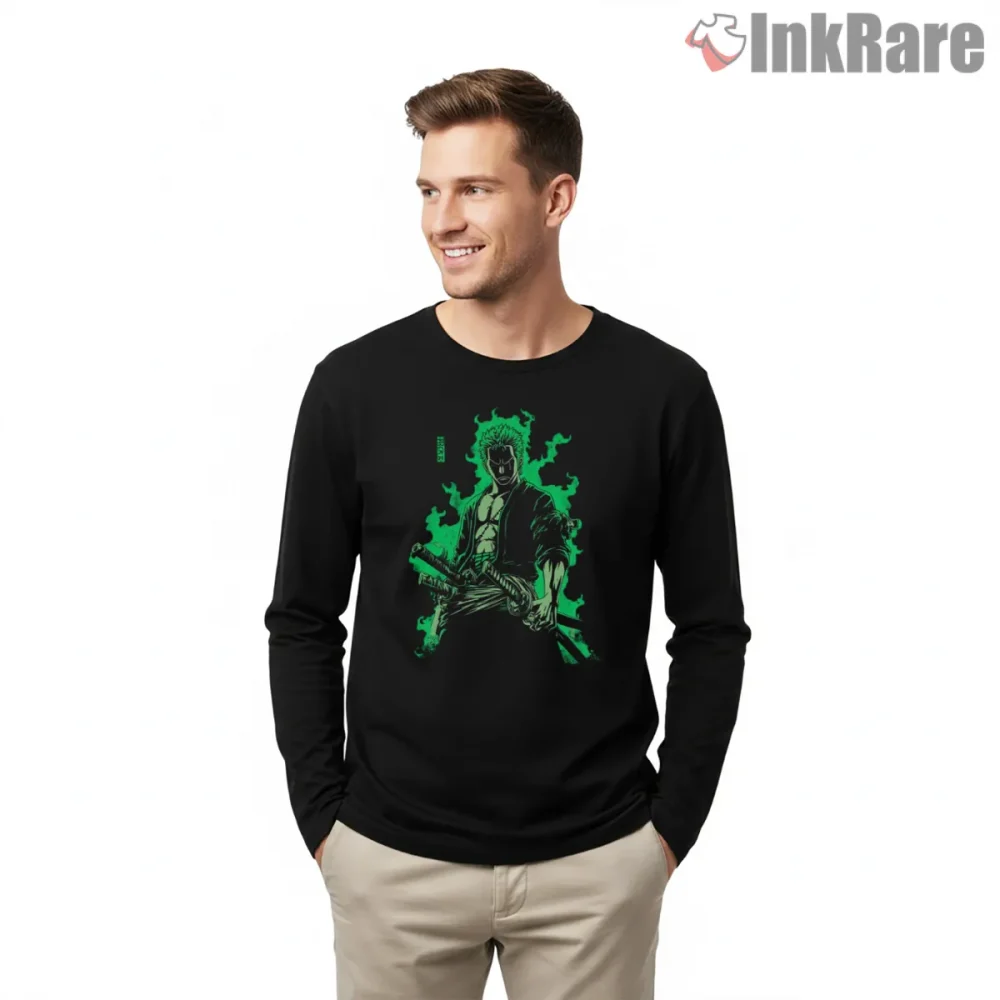 Roronoa Zoro Green Aura Samurai Anime Shirt on black long sleeve shirt for men graphic tee