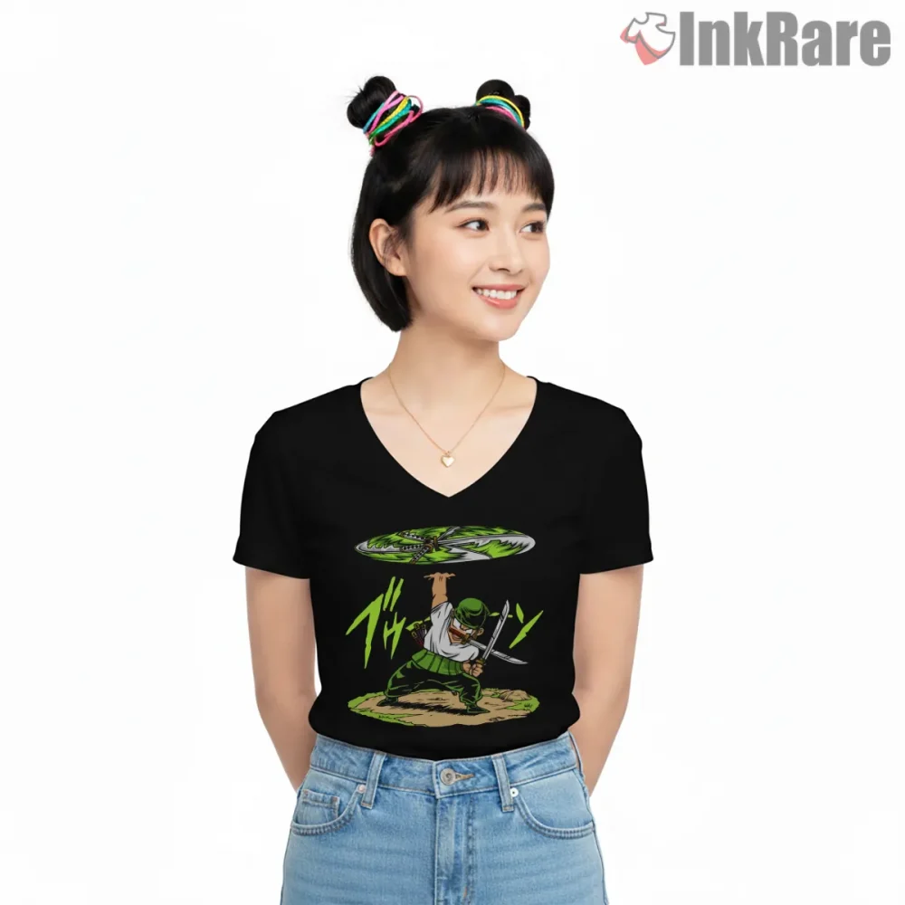 Roronoa Zoro Santoryu Spinning Blade Anime Shirt on black v-neck shirt for women graphic tee