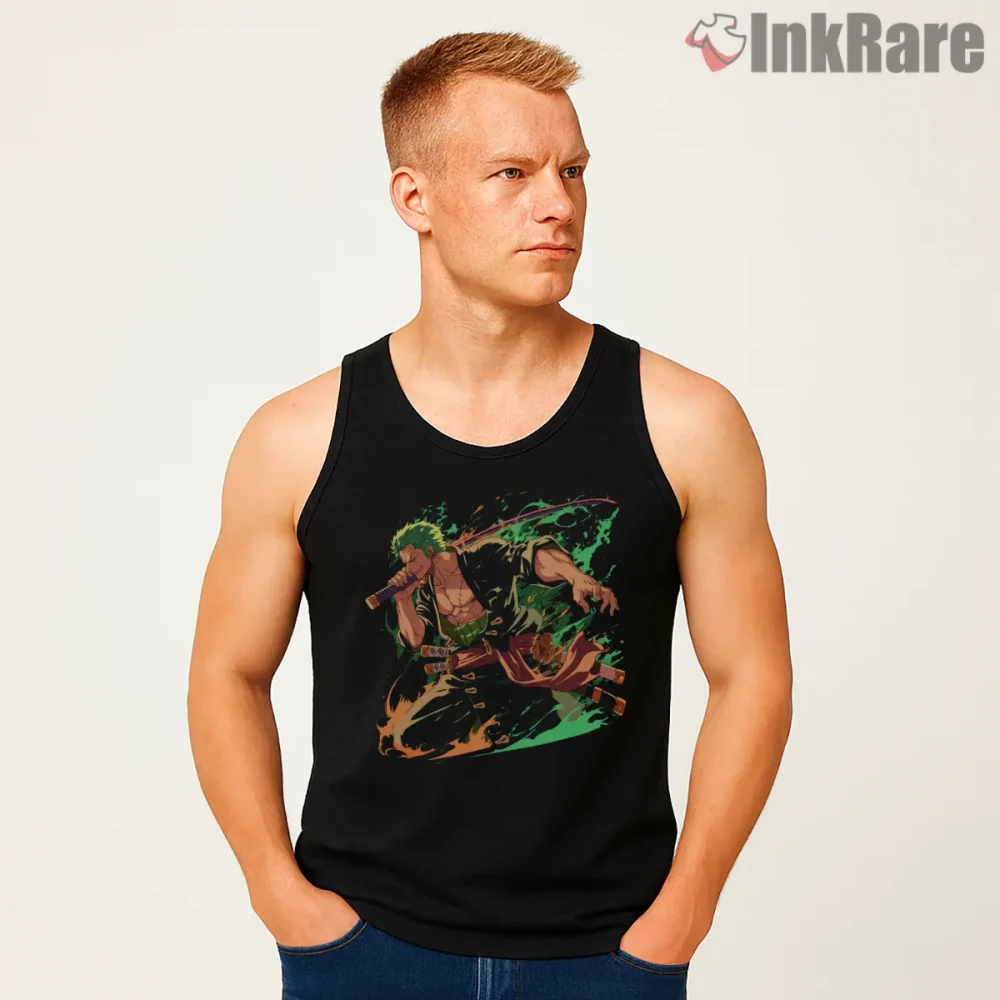 Roronoa Zoro Three Sword Warrior Anime Shirt on black tank top for men graphic tee