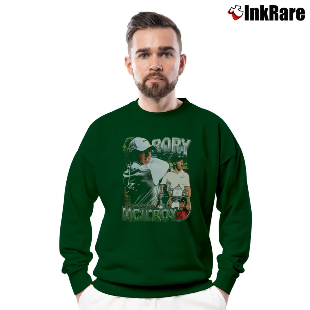 Men’s Rory McIlroy Vintage Collage for Golf Enthusiasts Crewneck Sweatshirt in forest green | Cozy Fabric, Clean Style
