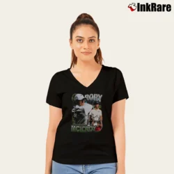 Women’s Rory McIlroy Vintage Collage for Golf Enthusiasts V-Neck Tee in black | Chic Neckline, Soft Texture