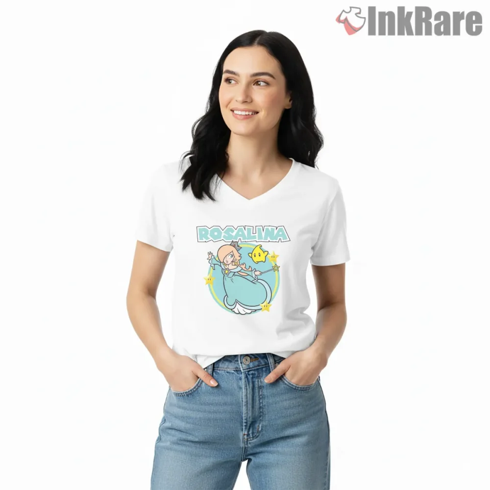 Rosalina Star Guardian Elegant Fantasy Mario Shirt on white v-neck shirt for women graphic tee