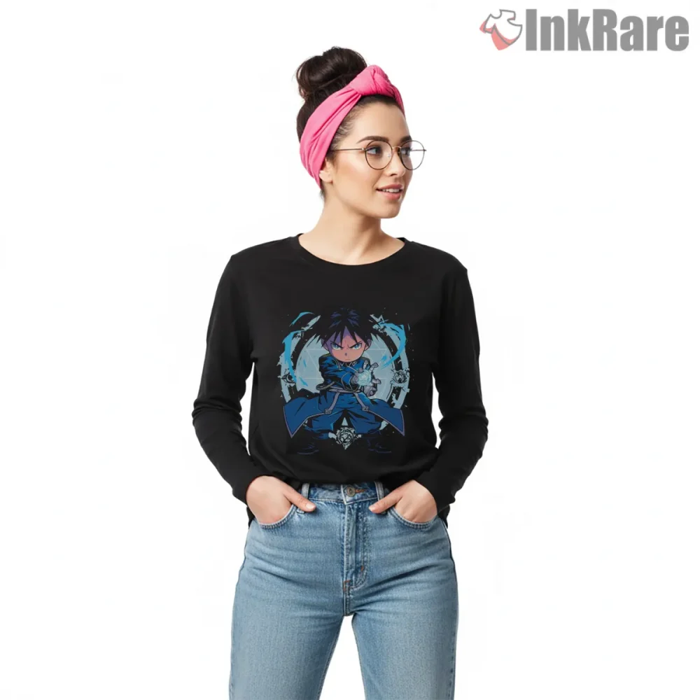 Roy Mustang Chibi Blue Flame Cute Anime Shirt on black long sleeve shirt for women graphic tee