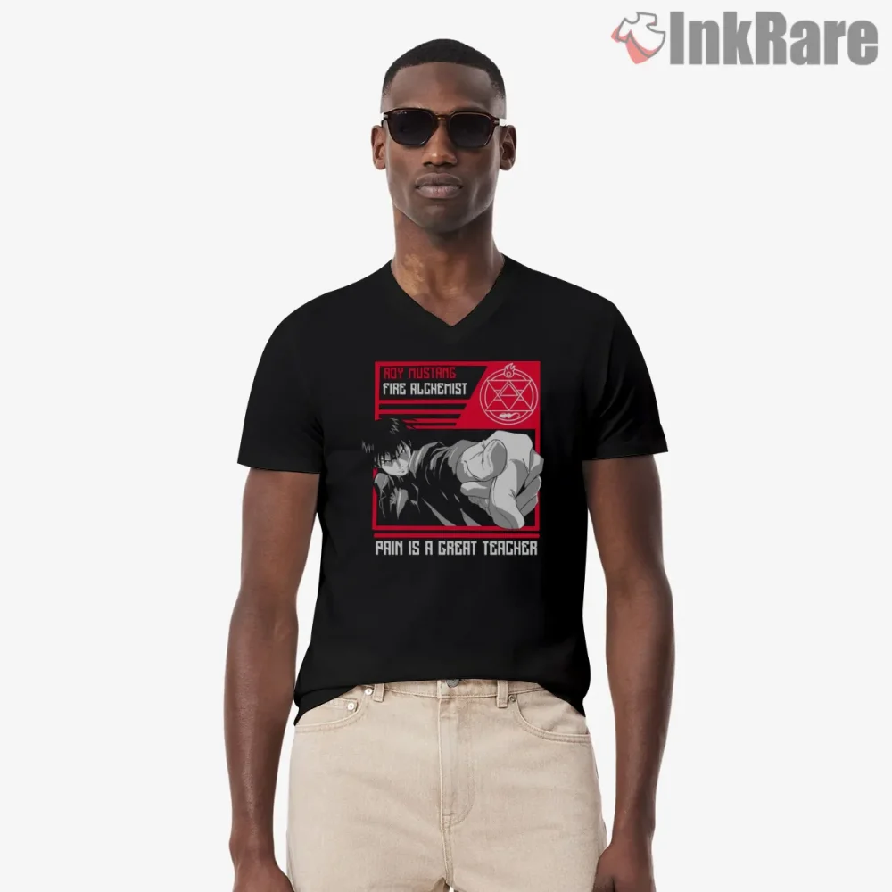 Roy Mustang Flame Alchemist Red Panel Anime Shirt on black v-neck shirt for men graphic tee