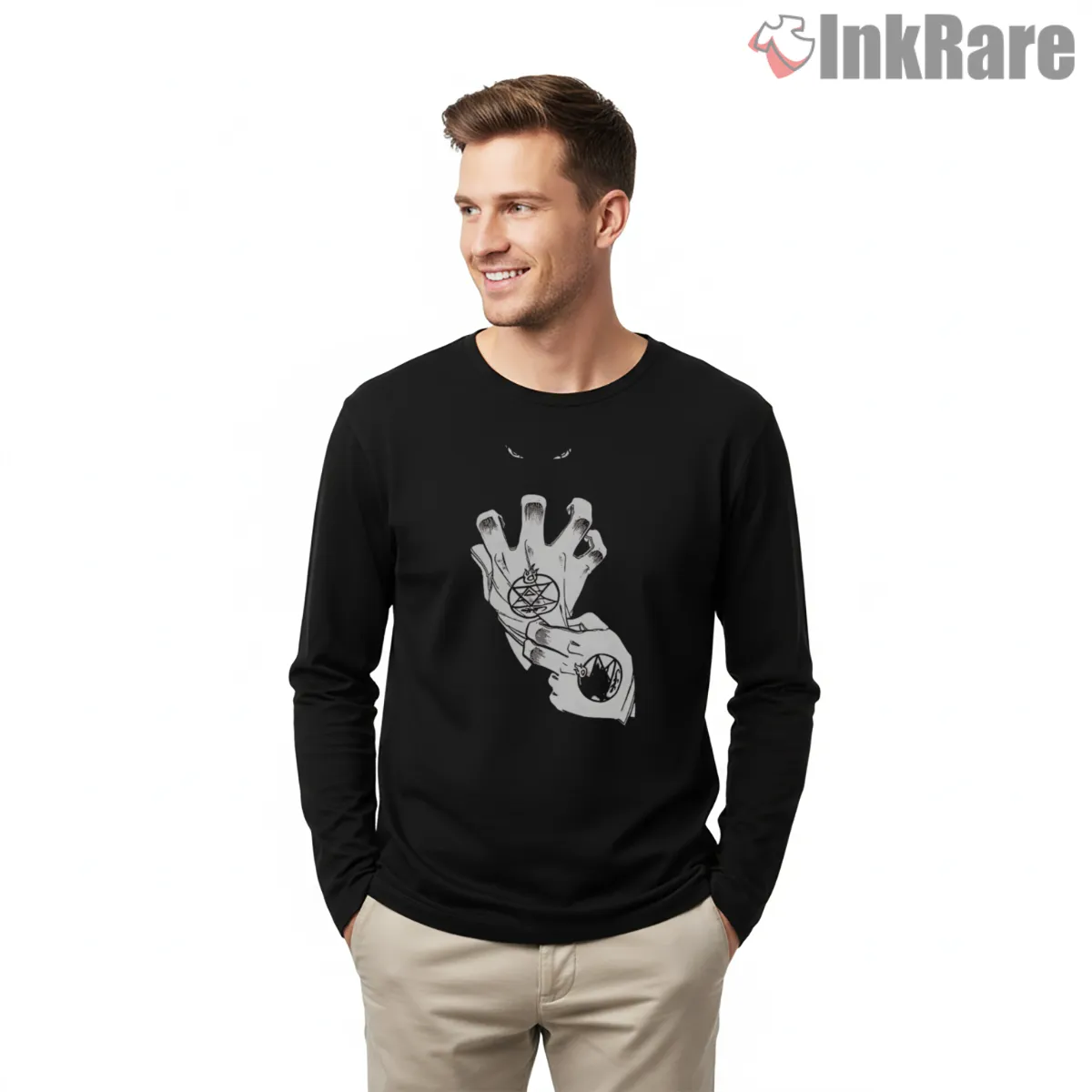 Roy Mustang Flame Hand Symbol Minimal Anime Long Sleeve Black Roy Mustang Flame Hand Symbol Minimal Anime Shirt on black long sleeve shirt for men graphic tee