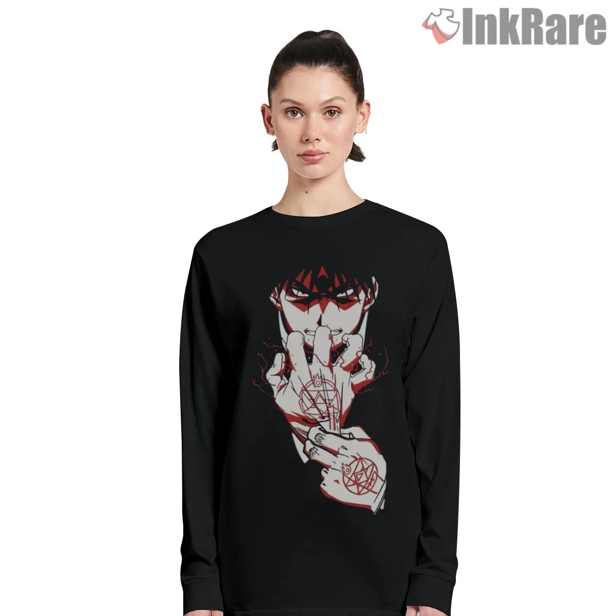 Roy Mustang Hand Flame Mark Dark Contrast Anime Long Sleeve Black Roy Mustang Hand Flame Mark Dark Contrast Anime Shirt on black long sleeve shirt for women graphic tee