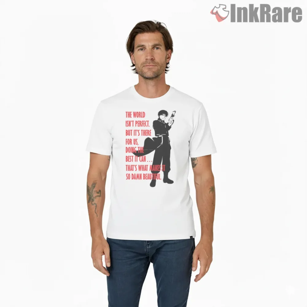 Roy Mustang Quote Typography Minimal Black White Anime Shirt on white short sleeve shirt for men graphic tee
