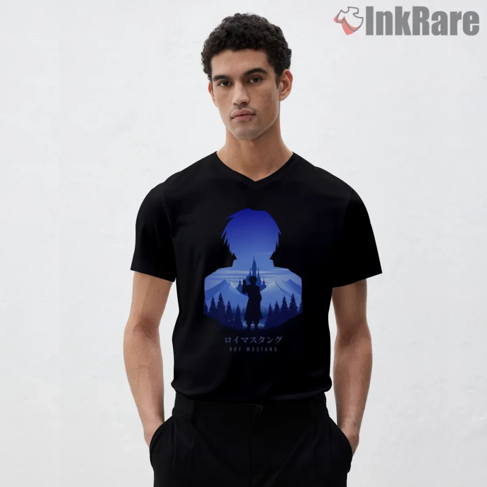 Roy Mustang Silhouette Blue Forest Minimal Anime Shirt on black v-neck shirt for men graphic tee
