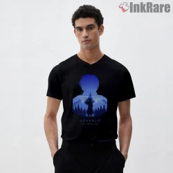 Roy Mustang Silhouette Blue Forest Minimal Anime Shirt on black v-neck shirt for men graphic tee
