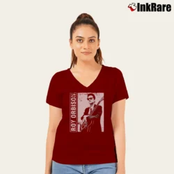 Women’s roy orbison vintage classic rock legend V-Neck Tee in maroon | Chic Neckline, Soft Texture