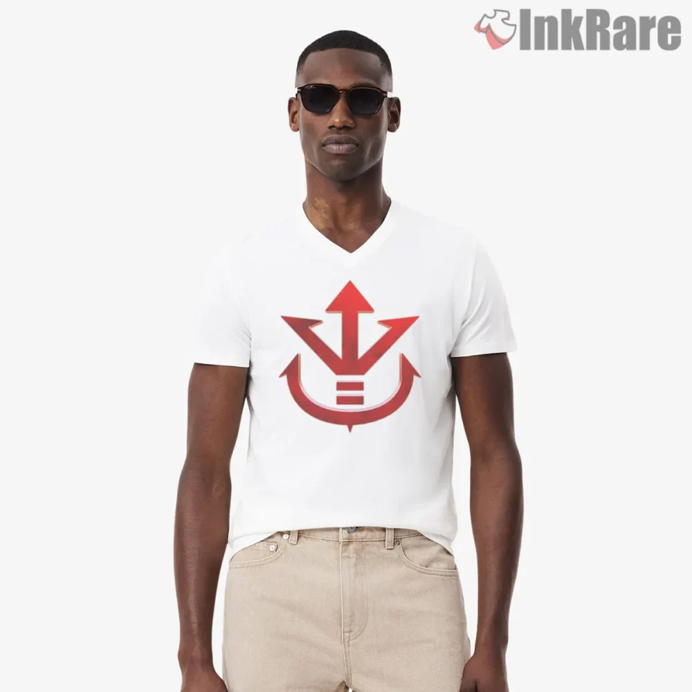 Royal Saiyan Crest Symbol Minimalist Shirt on white v-neck shirt for men graphic tee