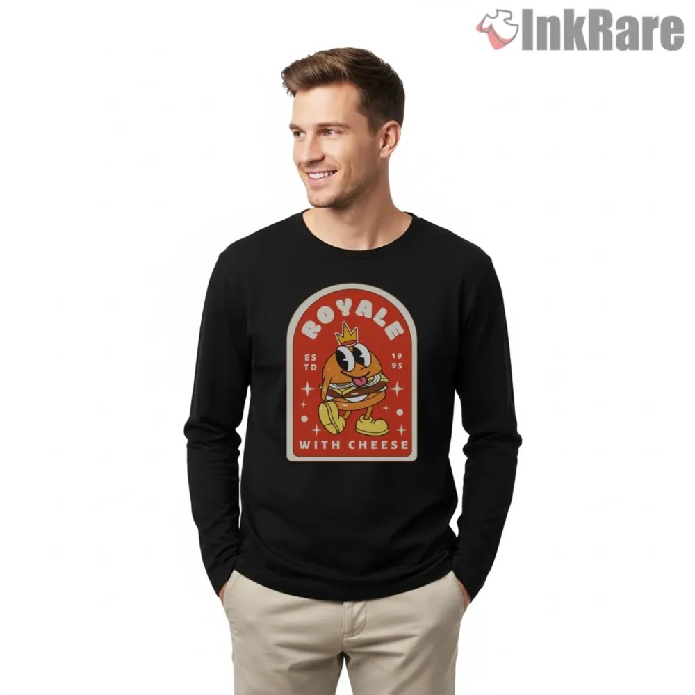Royale With Cheese Retro Mascot Burger Shirt on black long sleeve shirt for men graphic tee