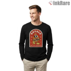 Royale With Cheese Retro Mascot Burger Shirt on black long sleeve shirt for men graphic tee