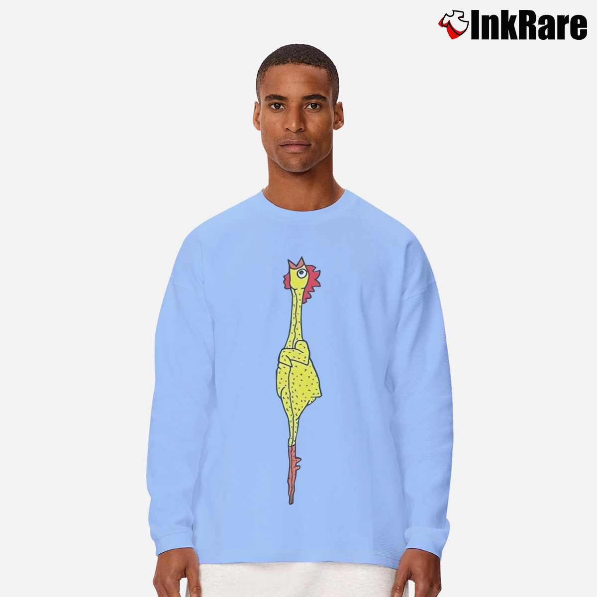 Men’s Rubber Chicken Funny Joke Gag Long-Sleeve Shirt in light blue | Sleek, Lightweight, Year-Round Wear