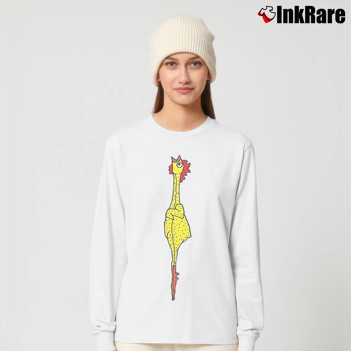 Women’s Rubber Chicken Funny Joke Gag Long-Sleeve Top in white | Sleek, Versatile, All-Season