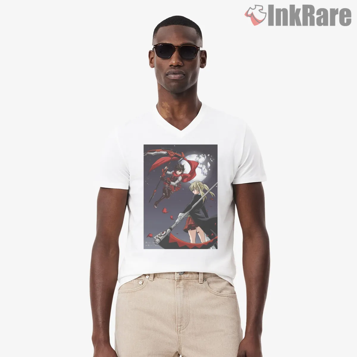 Ruby Vs Maka Anime Crossover Battle Scene Shirt on white v-neck shirt for men graphic tee