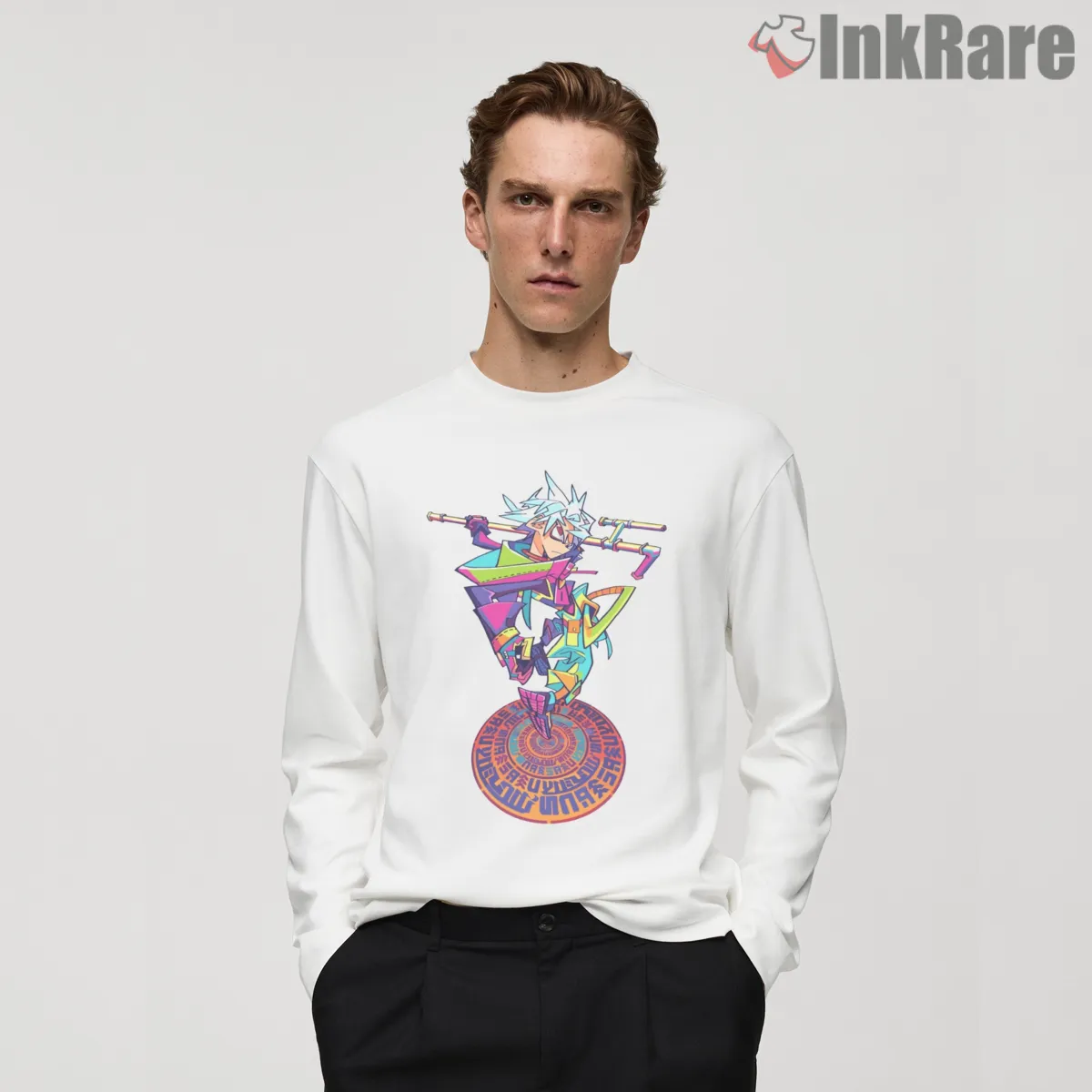 Rudo Abstract Wpap Full Body Color Burst Anime Shirt on white long sleeve shirt for men graphic tee