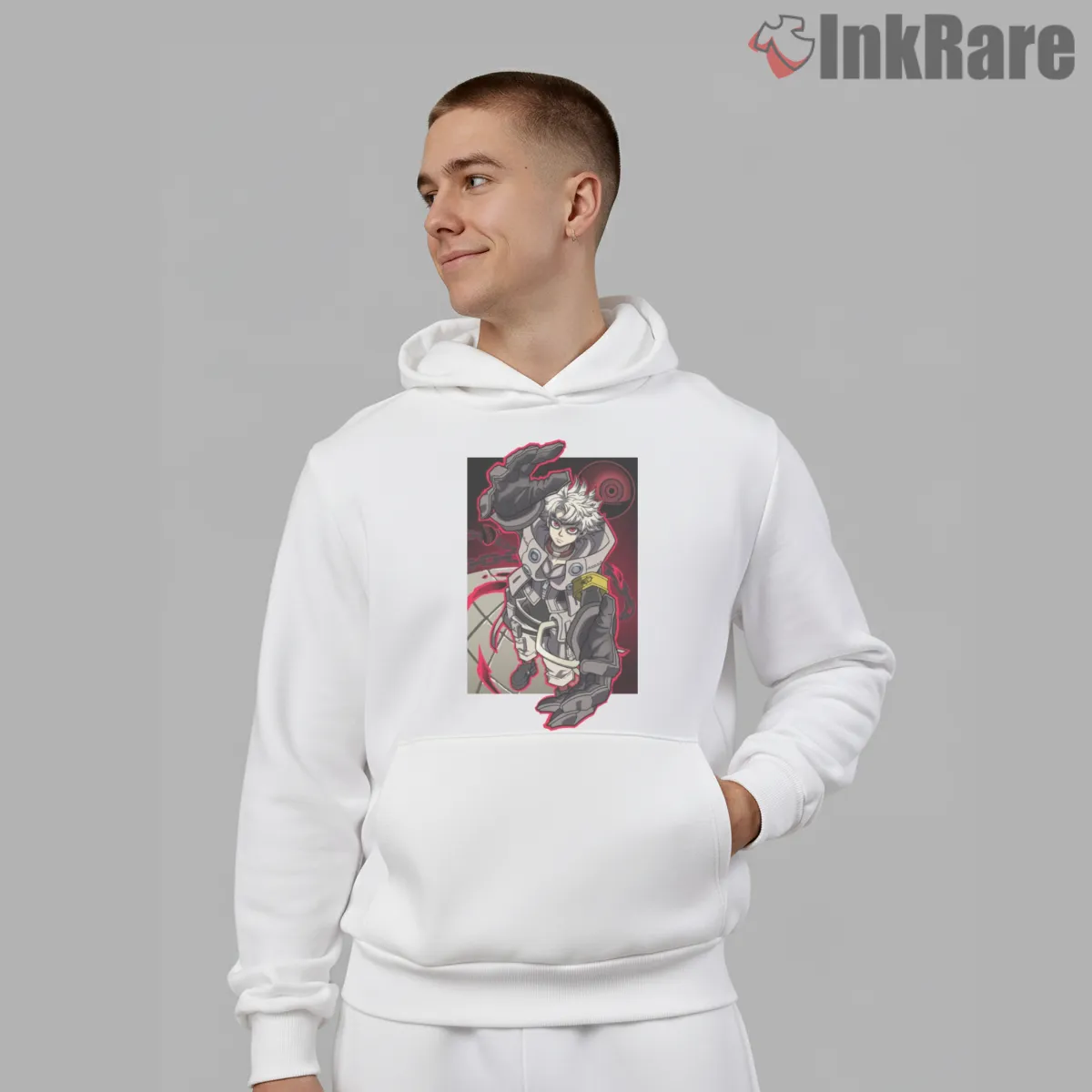 Rudo Action Pose Red Outline Dynamic Anime Shirt on white hoodie for men graphic tee