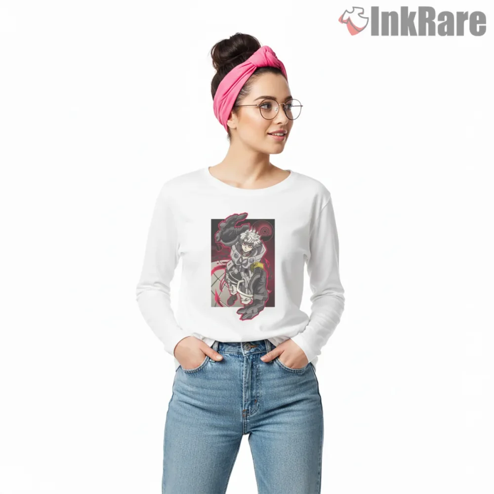 Rudo Action Pose Red Outline Dynamic Anime Shirt on white long sleeve shirt for women graphic tee