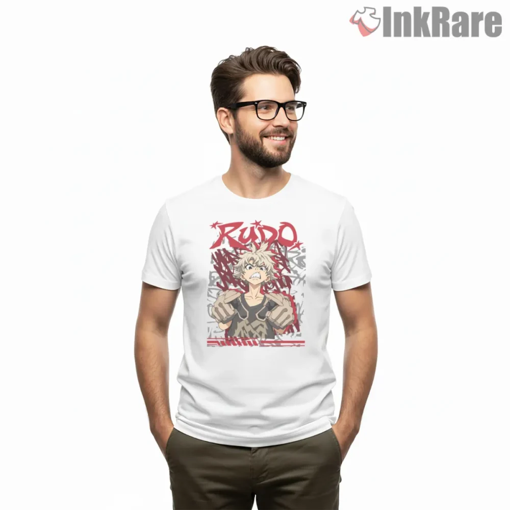 Rudo Aggressive Pose Graffiti Typography Anime Shirt on white short sleeve shirt for men graphic tee