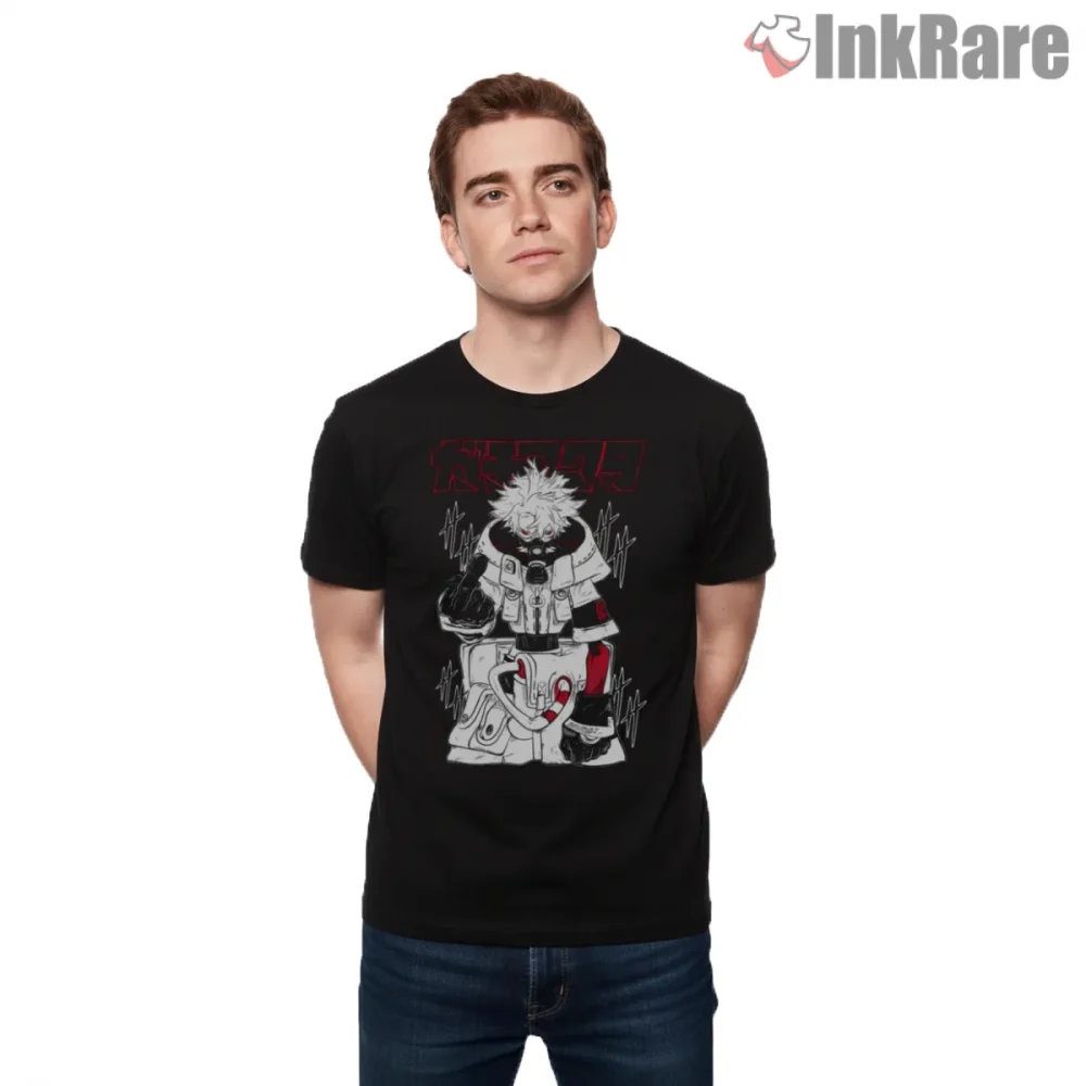 Rudo Black White Manga Style Red Accent Anime Shirt on black short sleeve shirt for men graphic tee