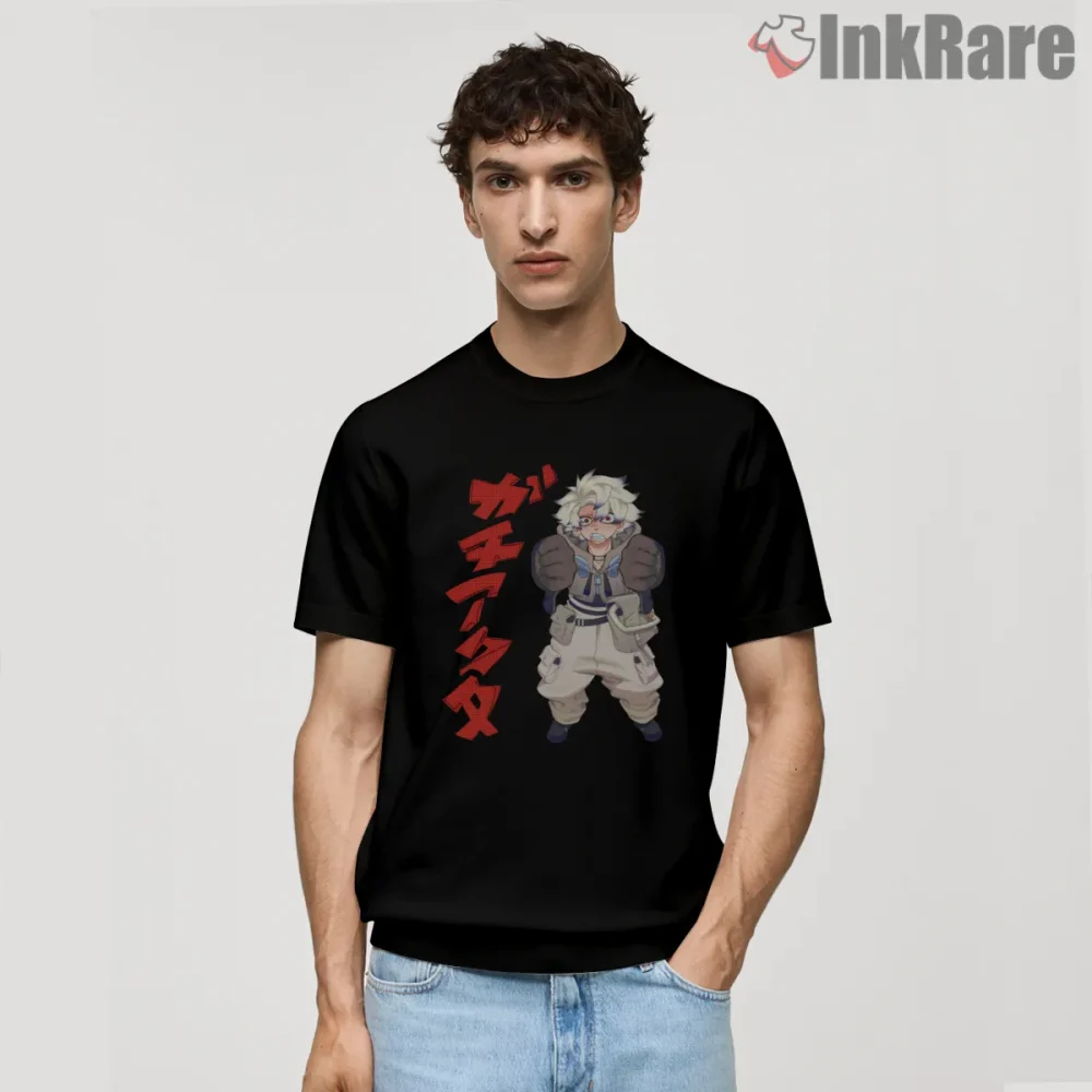 Rudo Bold Typography Character Front Anime Shirt on black short sleeve shirt for men graphic tee
