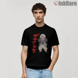 Rudo Bold Typography Character Front Anime Shirt on black short sleeve shirt for men graphic tee