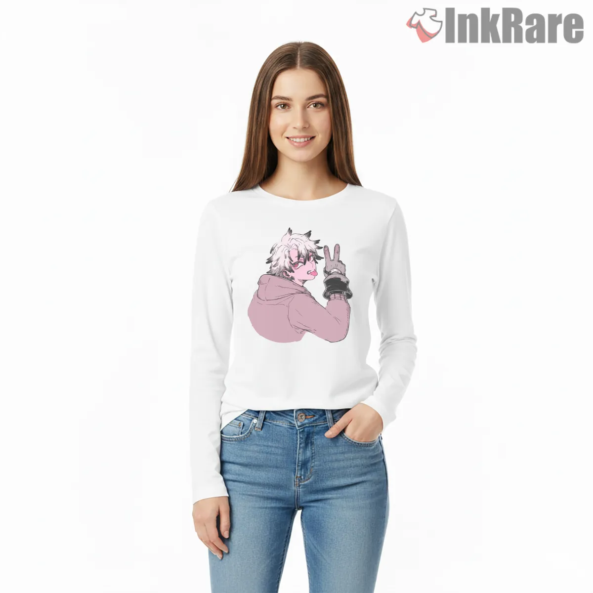 Rudo Casual Pose Peace Sign Soft Anime Shirt on white long sleeve shirt for women graphic tee