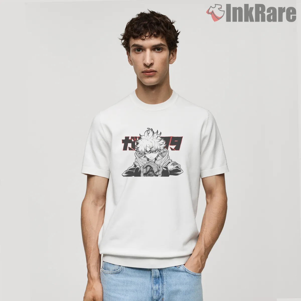 Rudo Center Portrait Bold Typography Anime Shirt on white short sleeve shirt for men graphic tee