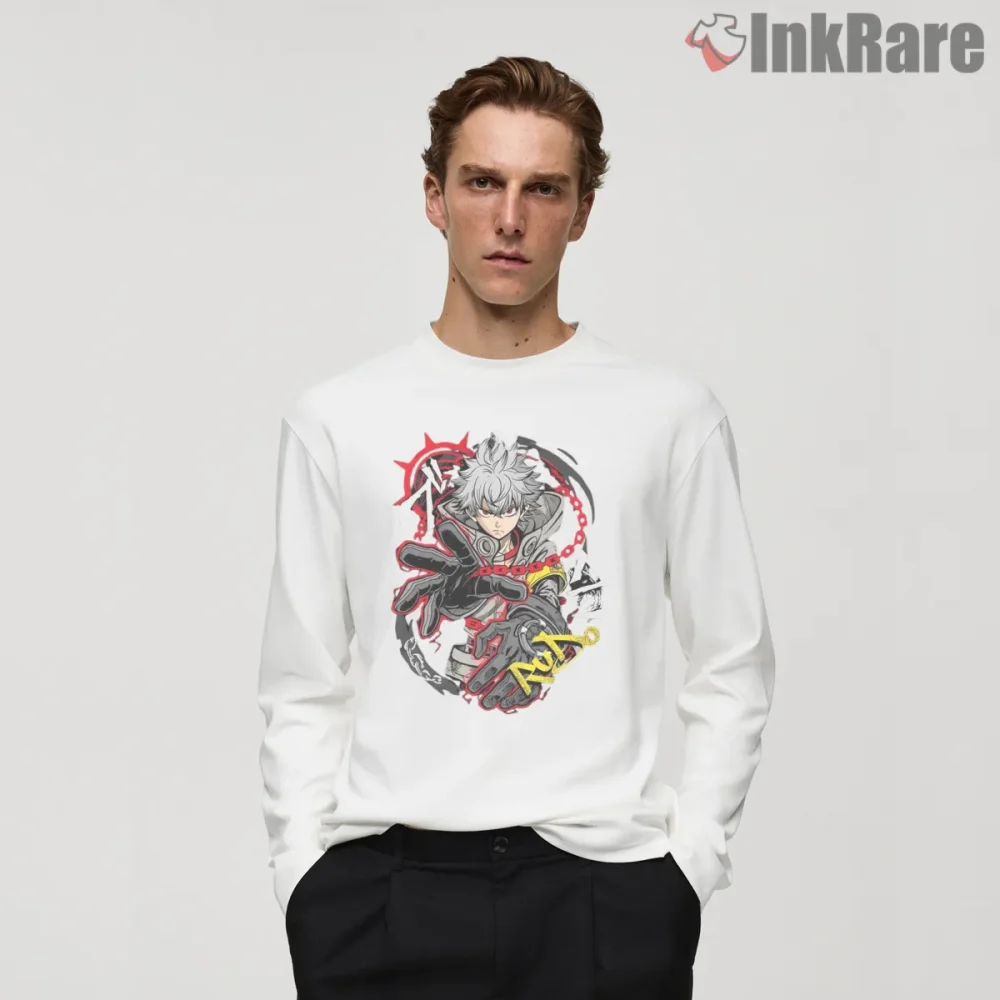 Rudo Chain Grip Action Pose Dark Anime Shirt on white long sleeve shirt for men graphic tee