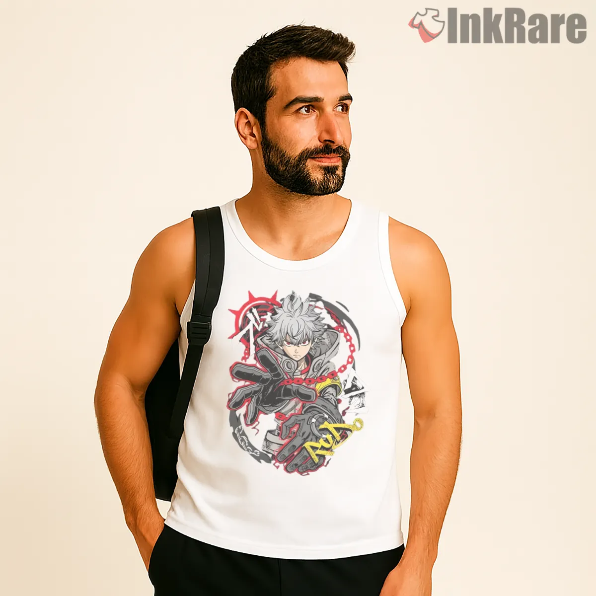 Rudo Chain Grip Action Pose Dark Anime Shirt on white tank top for men graphic tee