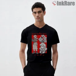 Rudo Character Sheet Red Panel Anime Shirt on black v-neck shirt for men graphic tee