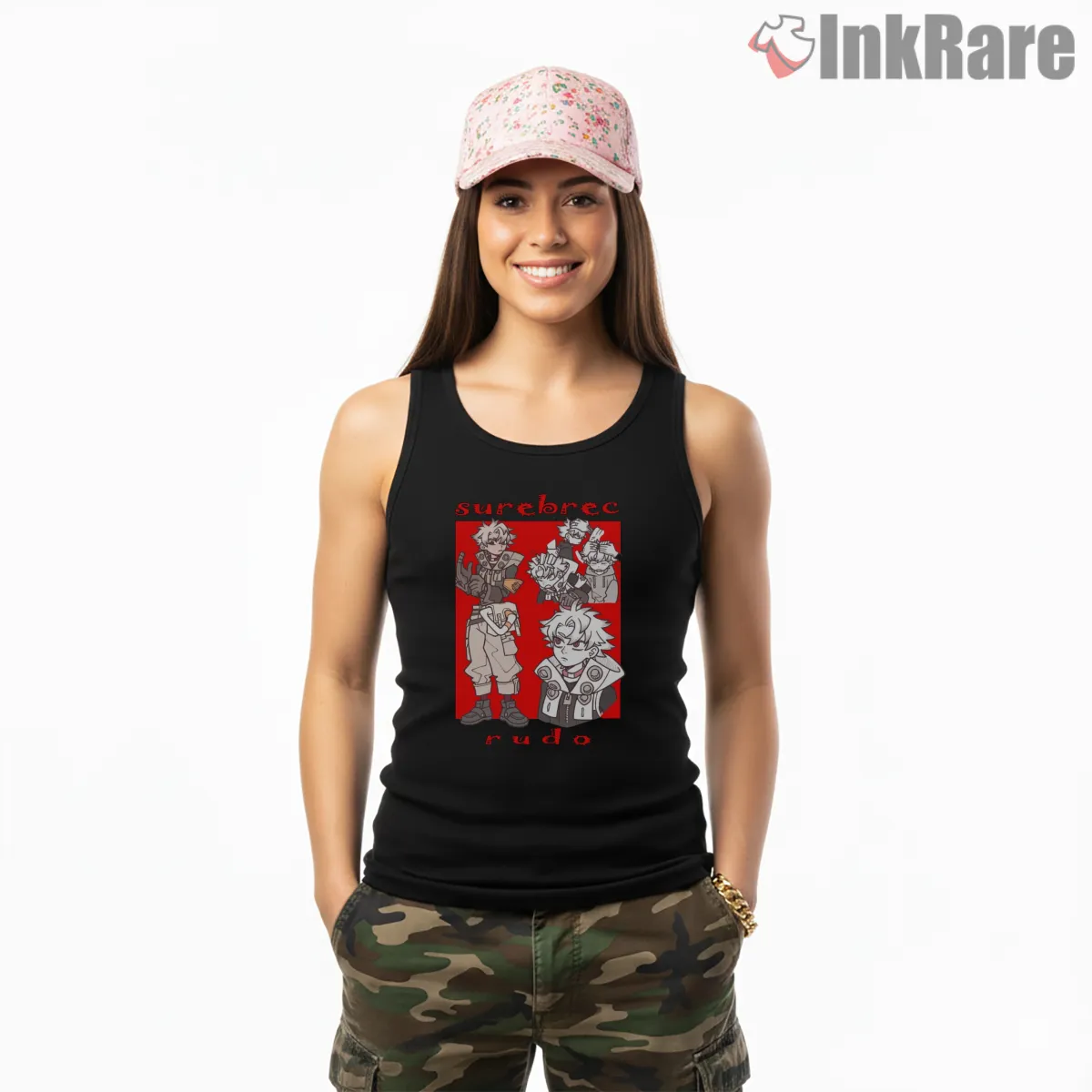 Rudo Character Sheet Red Panel Anime Shirt on black tank top for women graphic tee