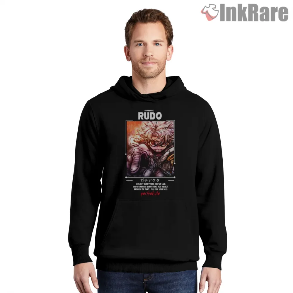 Rudo Close Portrait Intense Glow Dark Anime Shirt on black hoodie for men graphic tee