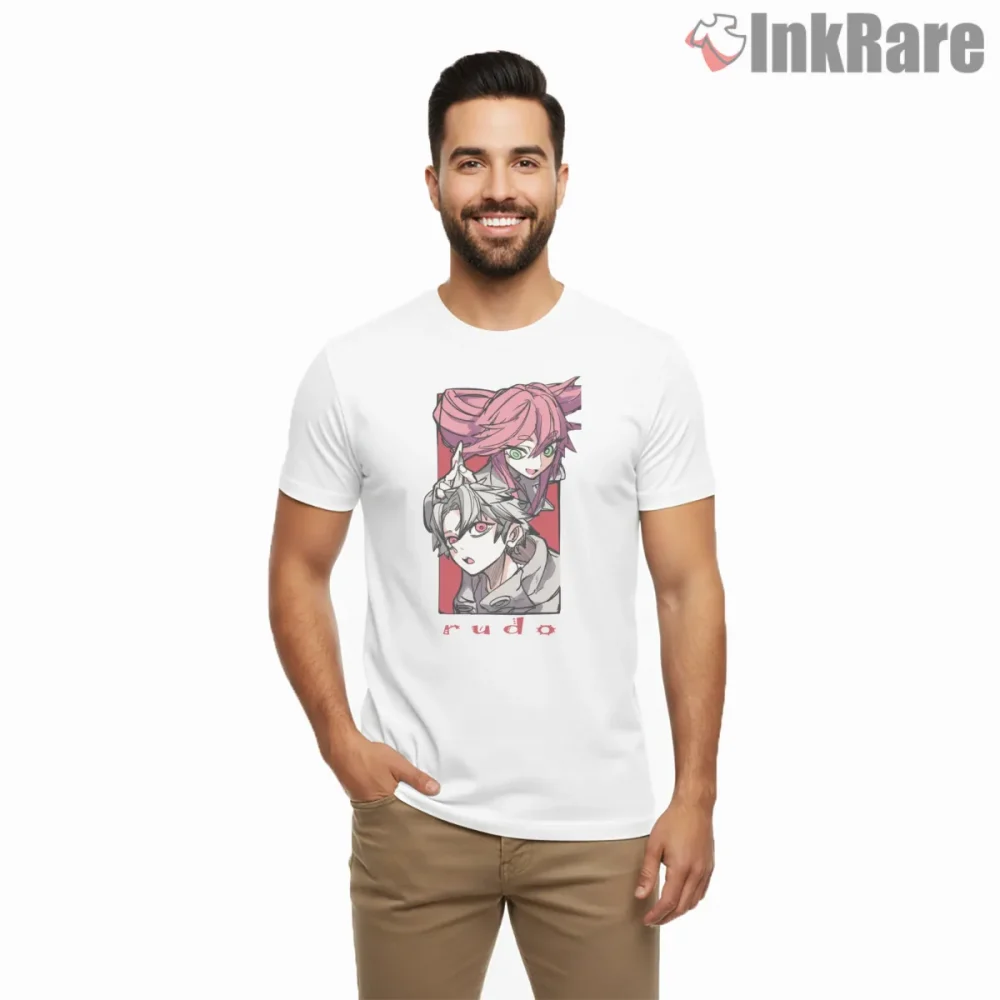 Rudo Dual Character Clean Portrait Red Frame Anime Shirt on white short sleeve shirt for men graphic tee