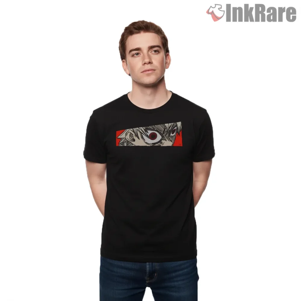 Rudo Eye Focus Minimal Red Black Anime Shirt on black short sleeve shirt for men graphic tee