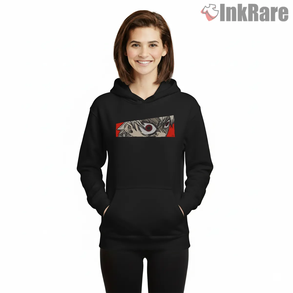 Rudo Eye Focus Minimal Red Black Anime Shirt on black hoodie for women graphic tee