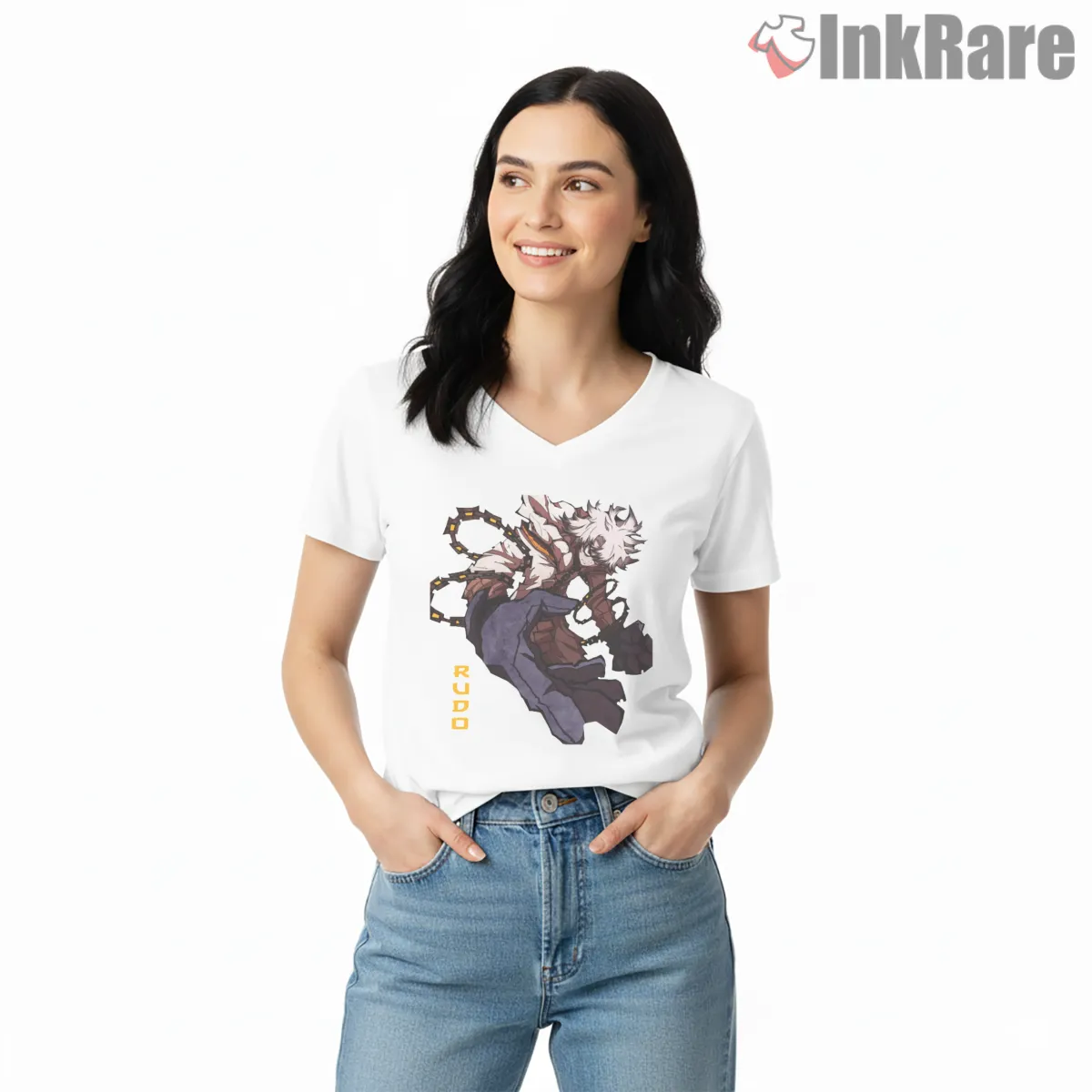 Rudo Full Body Action Pose Clean Anime Shirt on white v-neck shirt for women graphic tee